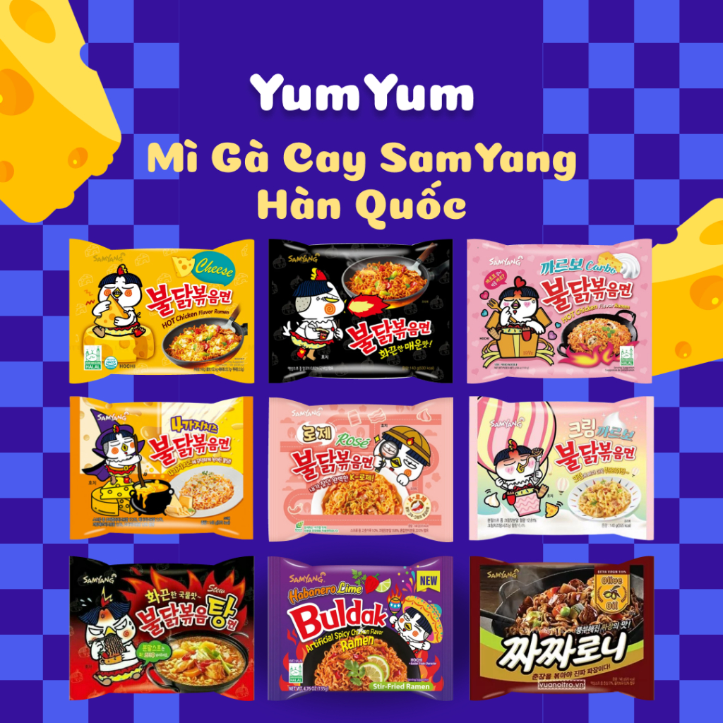 Mì Cay SamYang Hàn Quốc 140g, Mì Hàn Quốc các vị Cay, Pho mai, Chua cay, Hoa hồng rose, Cream, Carbonara,.. - Yumyum
