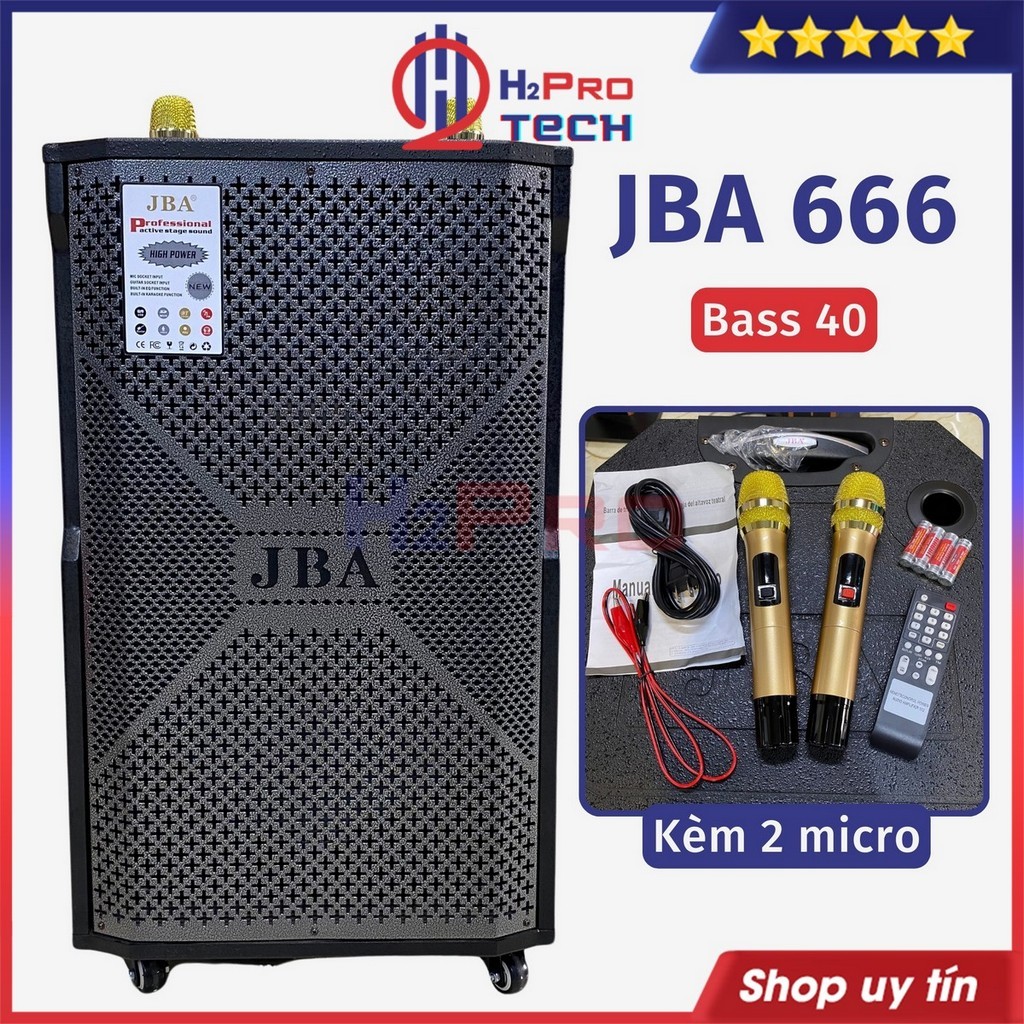Loa Kéo Bass 40 JBA 666 Công Suất Lớn 800W, Tặng 2 Mic Không Dây Uhf, Chống Hú, Hát Hay -H2Pro Tech