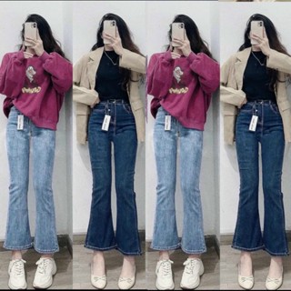 (PHOM LỠ 90cm )- Quần Nữ Ống Loe Dáng Ngắn 9 tấc (90cm) Chất Jeans Co Giãn Cạp Cao Women Pants