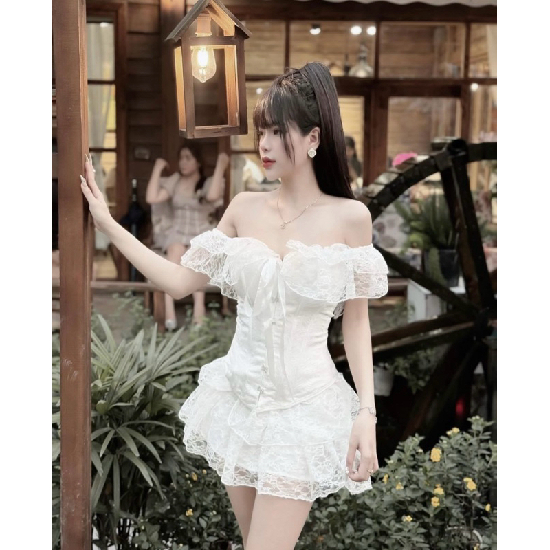 𝐕𝐍𝟏𝟑 [𝐁𝐈𝐆𝐒𝐈𝐙𝐄 + 𝐓𝐀𝐆 𝐍𝐎̛ ] Set áo corset trễ vai phối chân váy ren tầng xinh xắn by CarrotShop( có gọng định hình ) | BigBuy360 - bigbuy360.vn