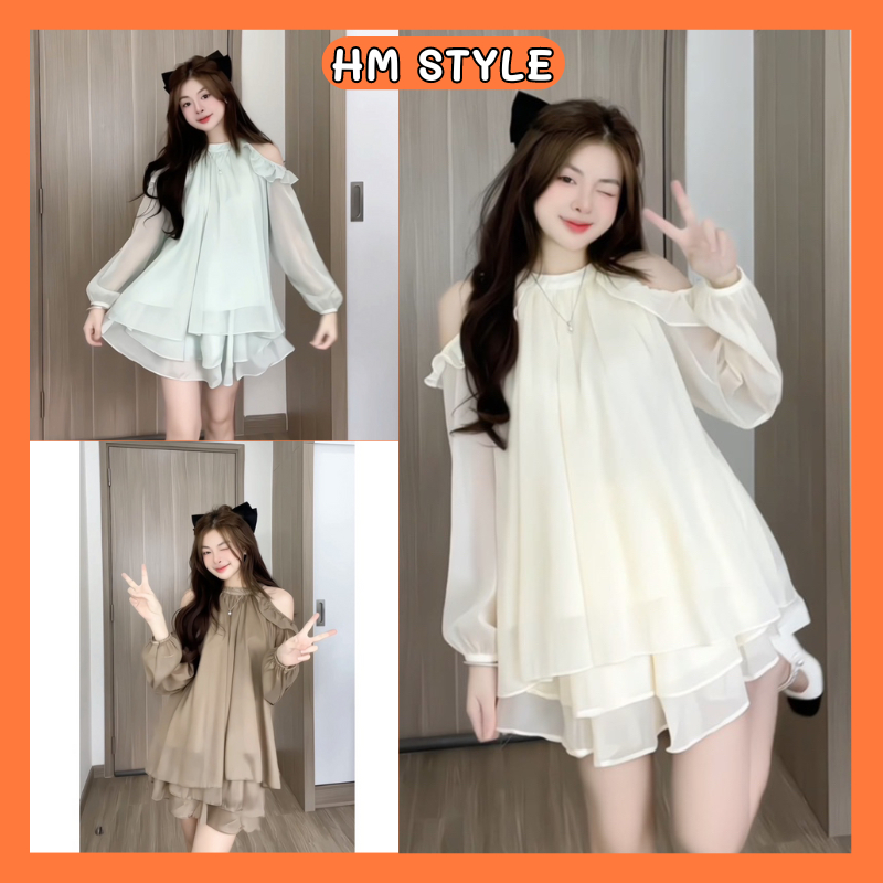 Set áo bèo hở vai tay bồng kèm chân váy xoè có lót trong, set bộ đồ nữ chất voan tơ phong cách dễ thương HB601