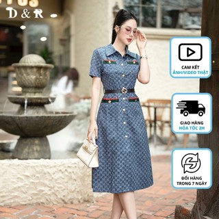 Đầm jean sơ mi dự tiệc bigsize hoạ tiết GC kèm belt Quảng Châu cao cấp D&R Fashion D507