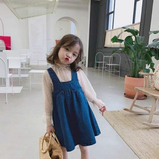 Bộ áo tiểu thư và yếm jean denim bé gái, set thời trang cao cấp