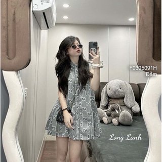 Đầm xòe kiểu họa tiết cổ phối viền đính nút giữa sát nách cực xinh hàng chuẩn! <hình thật> BEXU90