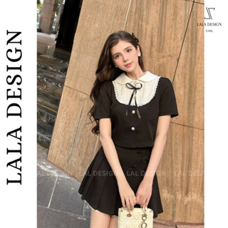 Áo kiểu nữ ngắn tay LALA DESIGN phối cổ trắng nơ, áo công sở tiểu thư chất chéo Hàn, có BIGSIZE, SAA16 - [LALA DESIGN]