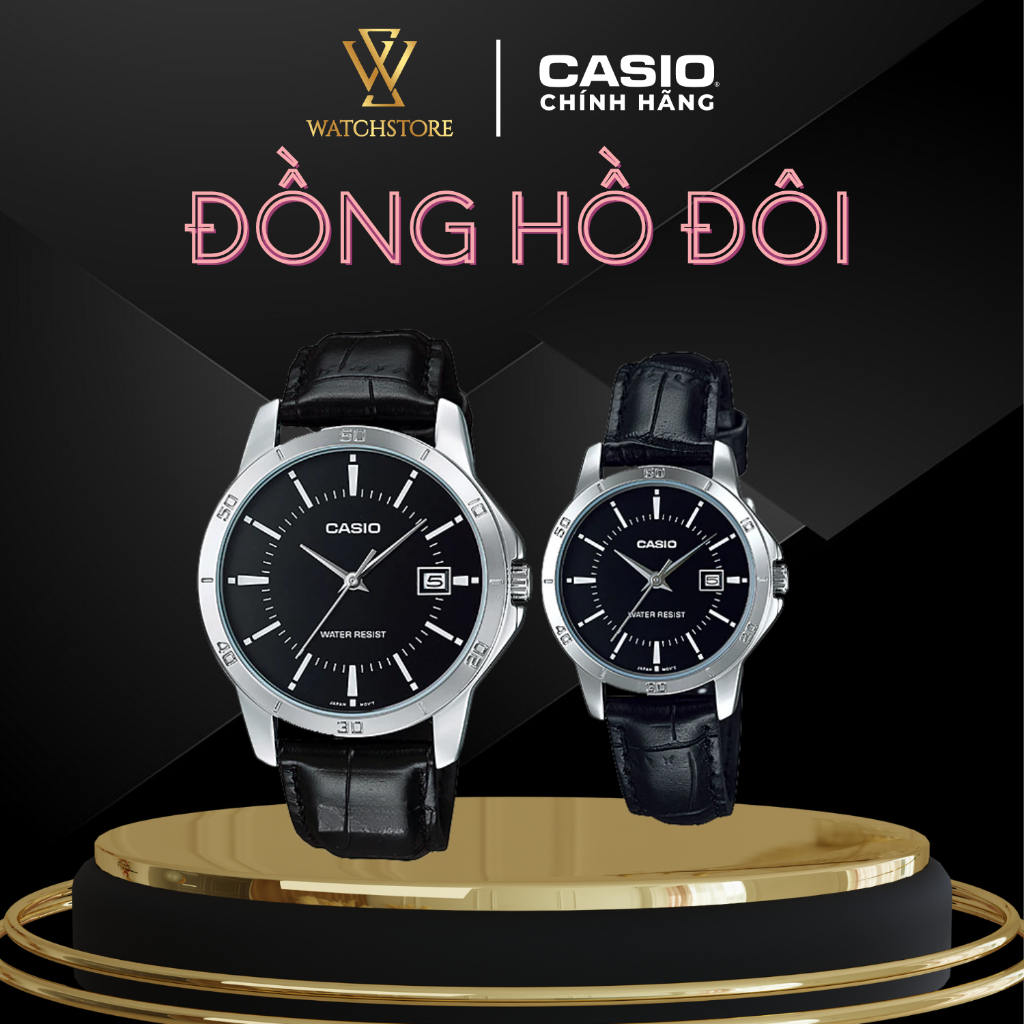Đồng Hồ Đôi Casio V004L-1AUDF Mặt Kính Khoáng Màu Đen Dây Da Chống Nước Chính Hãng