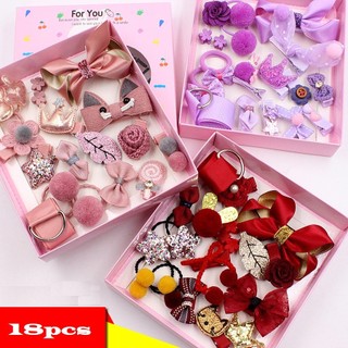 Hộp phụ kiện nơ chun kẹp tóc xinh dễ thương cho bé gái bộ set thun cặp cột tóc 18 món cute