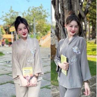 Set lam phật tử thêu tay phật - pháp phục đi chùa nữ - đồ lam đi chùa