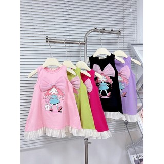  - V43 - Váy bé gái dáng suông họa tiết cô gái đính nơ chất liệu cotton cho bé 8 - 20kg