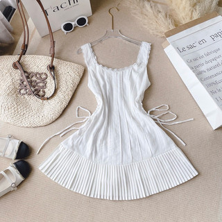 Đầm xòe sát nách viền ren đan dây eo lai dập ly ❤️