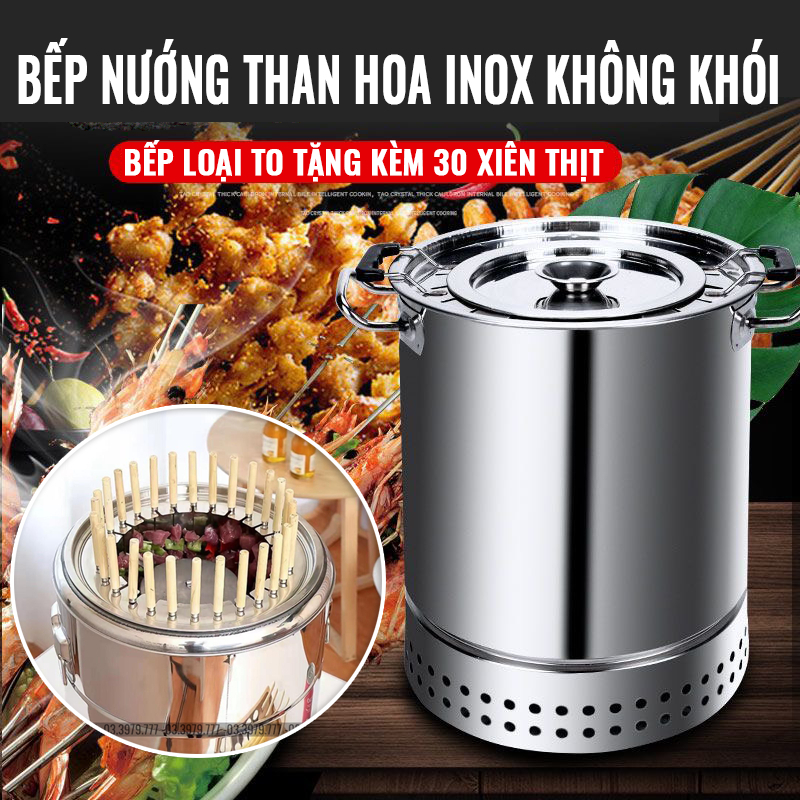 Bếp nướng than hoa không khói bằng Inox 201 - Tặng kèm 30 xiên thịt
