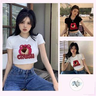 Áo croptop tay ngắn NhiNaa Store kiểu cổ tròn, in hình gấu CRUSH A5569