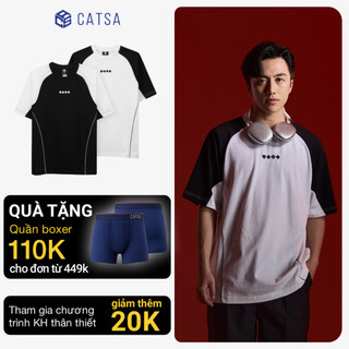 Áo thun trắng đen nam nữ form oversize thêu hình CATSA chất liệu cotton phối vai áo độc đáo 12ATN061