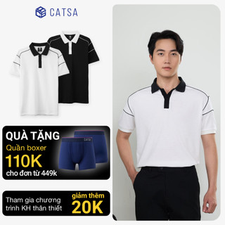 Áo Polo nam trắng đen CATSA phối viền vai chất liệu cotton thoáng mát form Slimfit 14ATP074