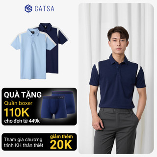 Áo polo nam phối tay vai CATSA cotton cá sấu xanh biển navy form slimfit 14ATP077