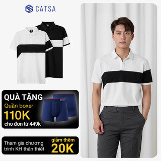 Áo polo nam trắng đen phối ngực CATSA form slimfit chất cotton dày dặn 14ATP078