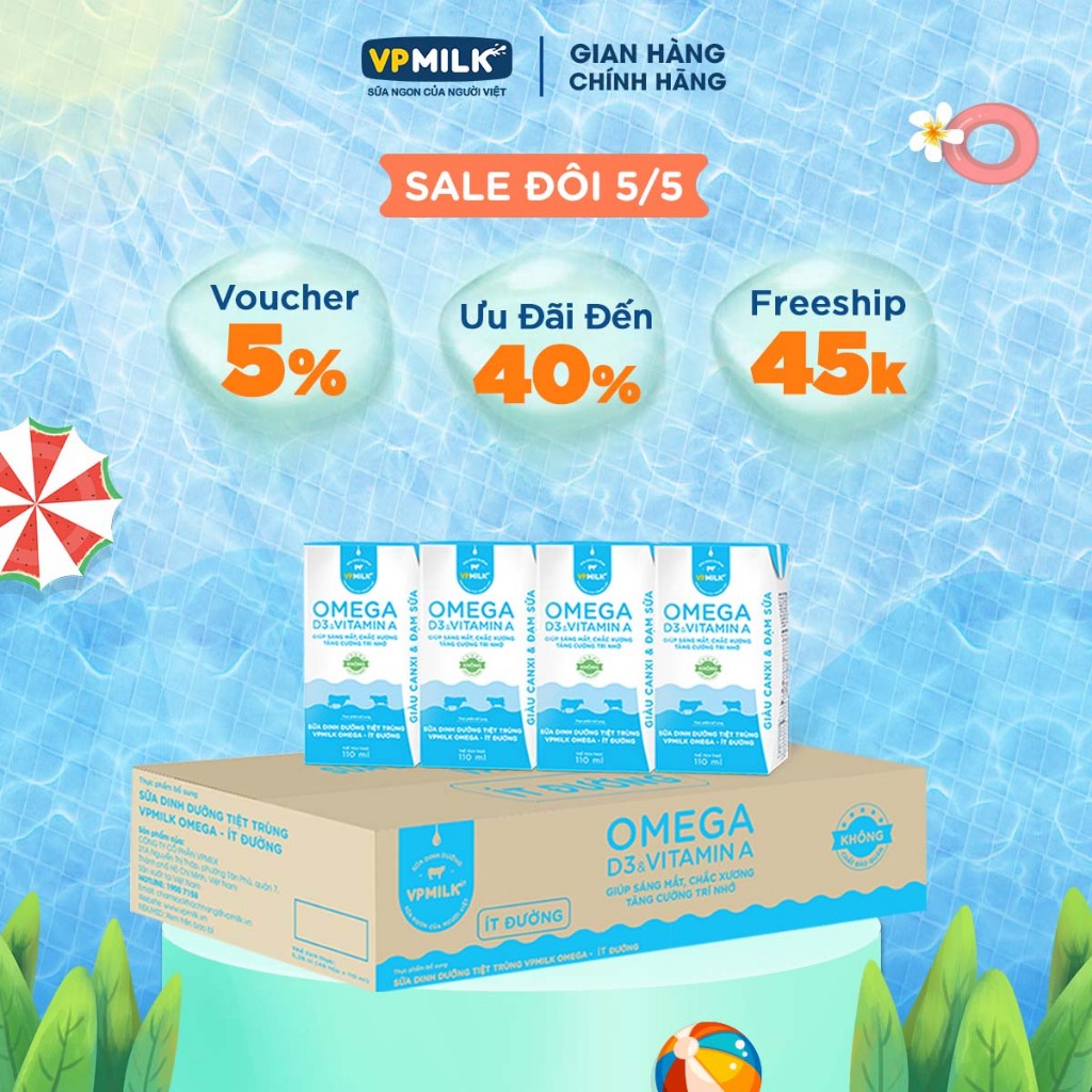 Sữa Dinh Dưỡng Tiệt Trùng VPMilk Omega Ít Đường dạng hộp 110ml (thùng 48 hộp)