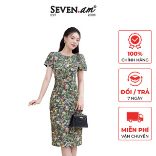 Đầm ôm tay cộc xanh lá xanh hoạ tiết bèo vai Seven.AM H613149C