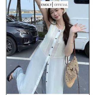 Váy maxi dáng dài phối cúc, đầm ba lỗ màu trắng kem form rộng thoải mái thời trang mùa hè