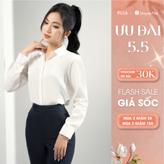 Áo sơ mi nữ RUZA chất liệu lụa màu trắng tay dài kiểu basic công sở mềm mại thoáng mát ADE007