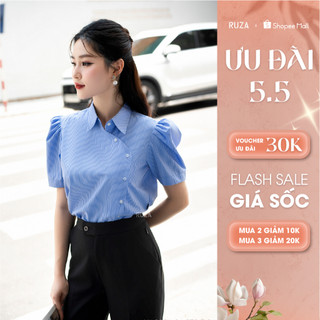 Áo sơ mi nữ RUZA tay ngắn sọc kate tinh tế thời trang công sở AN 3034