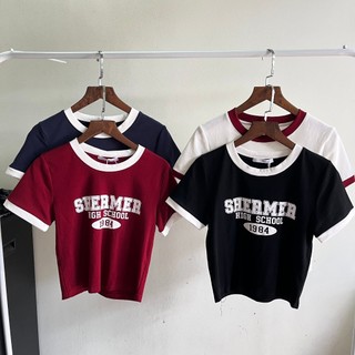 Áo thun croptop phối viền hàng QC in chữ shermer , áo thun ôm vừa form croptop phong cách năng động , cá tính