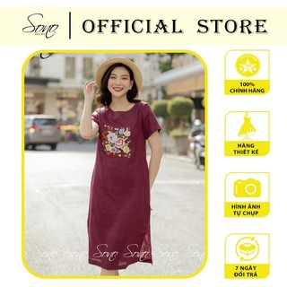 Sono - Đầm chất liệu linen họa tiết thêu hoa nhiều màu có tay hàng thiết kế