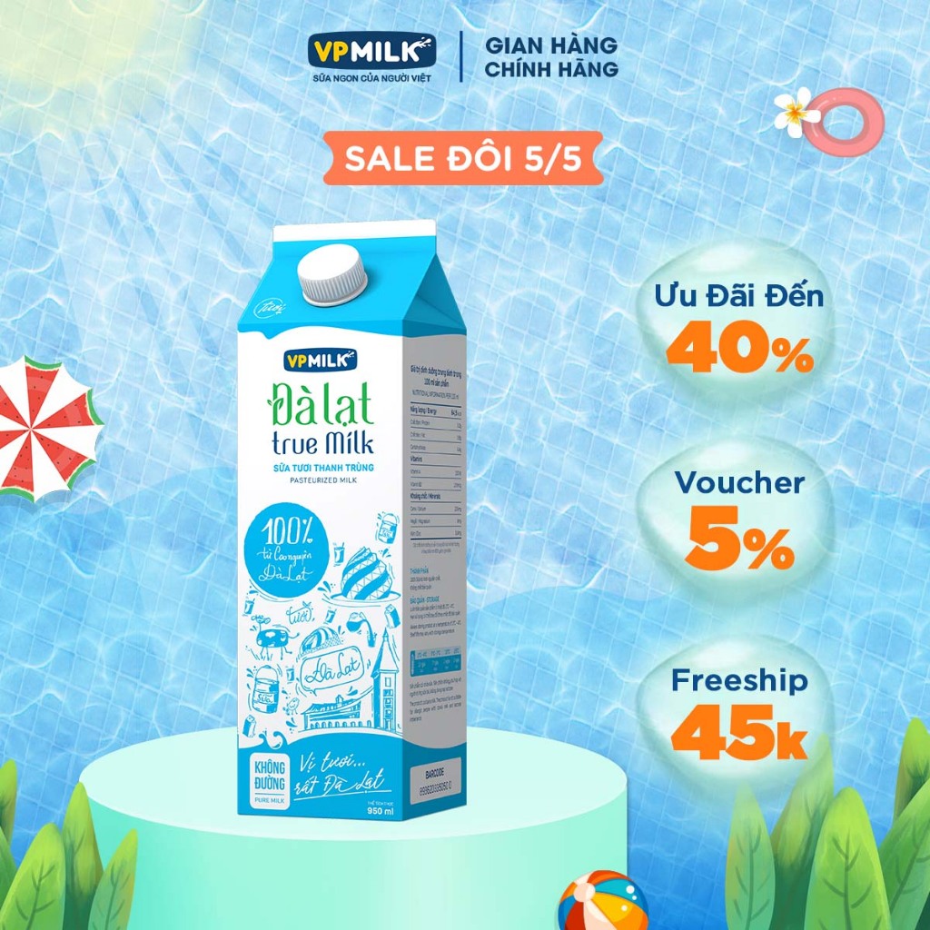 [GIAO HỎA TỐC TẠI TP. Hồ Chí Minh] Sữa Tươi Thanh Trùng VPMilk Đà Lạt True Milk - không đường 950ml