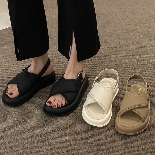 Sandal nữ đế bánh mỳ dây bản to quay chéo kiểu dáng Basic quai da mềm dễ làm sạch đế 4.5cm DOZIMAX