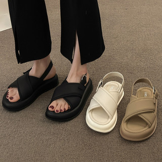 Sandal nữ đế bánh mỳ dây bản to quay chéo kiểu dáng Basic quai da mềm dễ làm sạch đế 4.5cm DOZIMAX
