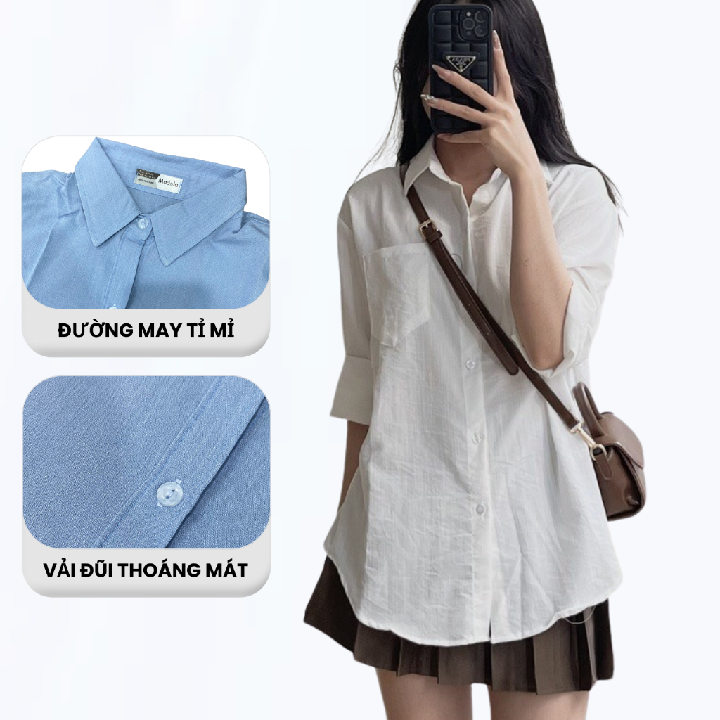 Áo sơ mi form rộng dài tay nữ MADELA đũi xước hàn dày dặn, Sơ mi đũi nữ basic mặc đi học đi làm trẻ trung