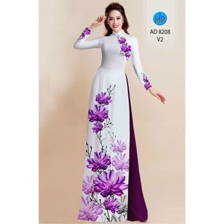 Áo dài trắng họa tiết hoa sen cổ cao, tay dài