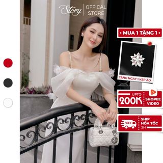 Đầm váy trắng dài tay voan rớt vai đính hoa lông vũ dự tiệc chụp cưới đi bàn sang trọng Hanni Story.clothes