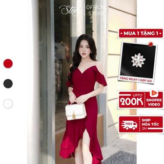 Đầm đỏ hai dây trễ vai Lenda Story mặc đi dự tiệc