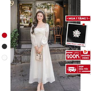 Đầm váy dài dáng xòe tay dài trắng thiết kế thướt tha thanh lịch dự tiệc Mindy Story thời trang nữ