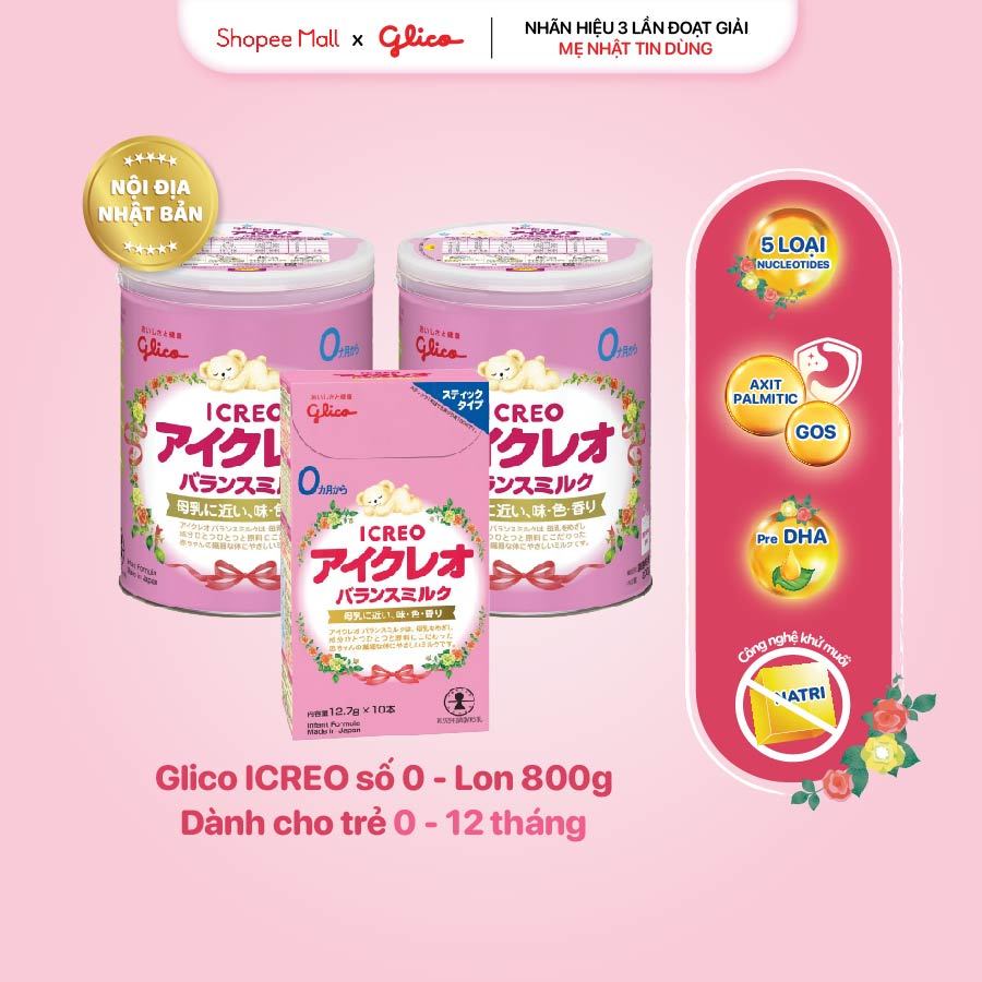 Combo 2 Lon Sữa Bột Glico Icreo Balance Milk (Icreo Số 0) (800g x2 lon) + 1 Hộp Giấy Số 0 10thanh 12,7g/thanh