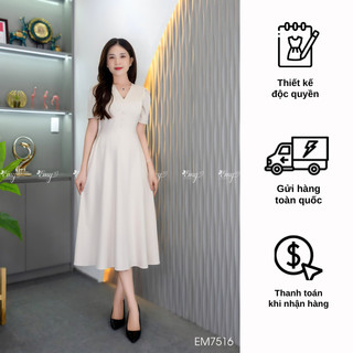 Đầm emy em7516 xoè cổ v xếp ply ngực
