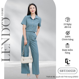 Sét Bộ Công Sở LENDO SBT230559 Áo Croptop Cổ Đức Tay Ngắn Quần Ống Suông Dài