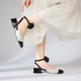 Giày cao gót mwc g061 - giày cao gót 3cm hở gót mũi tròn đính hoa hồng phong cách pháp