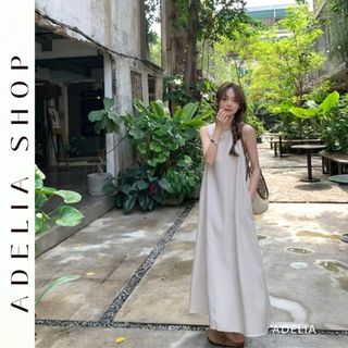 「ADELIA」Đầm Linen Suông Dáng Dài 3 Lỗ Form Basic Dễ Mặc 2 Màu Be Đen Adelia.Shop DH582