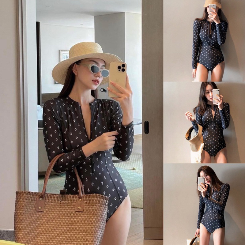 [Hoả Tốc Sẵn] Bộ bơi nữ liền , đồ bơi dài tay phong cách Hàn liền thân đen chấm trắng kéo khoá QC