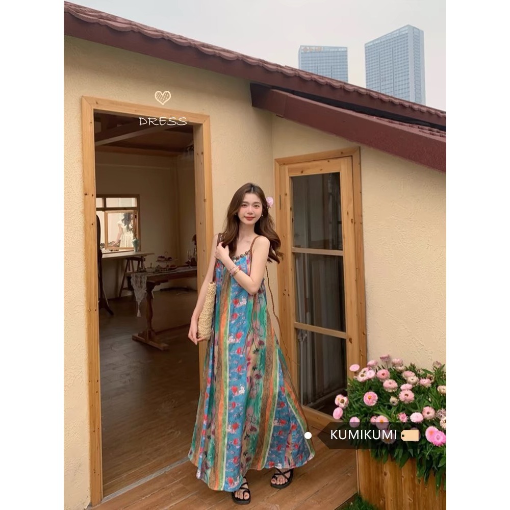 (ORDER) Váy hai dây hoa dọc màu sắc cổ điển vintage nổi bật style BOHO đi biển hàng QC cao cấp