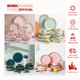 Bộ Bát Đĩa Đẹp, Sang Trọng, Chén Đĩa Sứ 26 Món Viền Vàng Cao Cấp Phong Cách Bắc Âu Dành Cho 6 Người Ăn