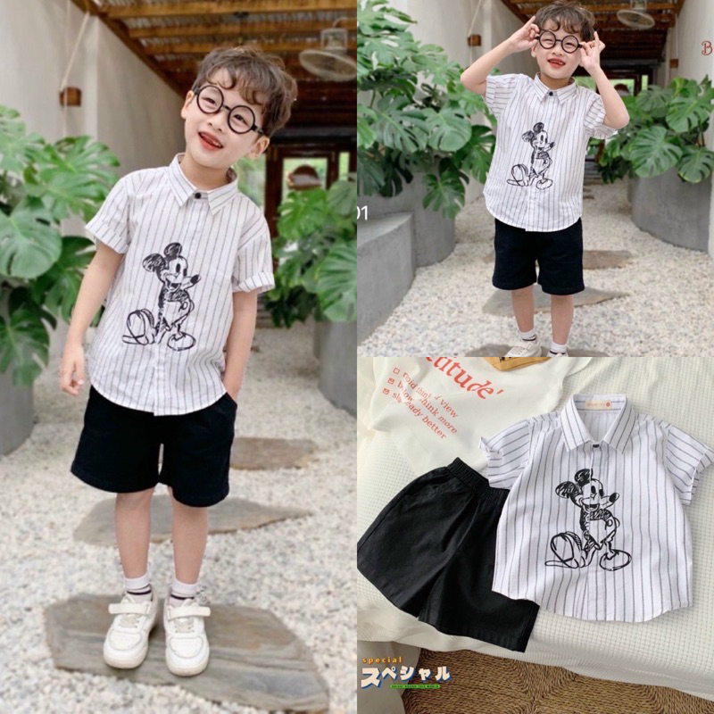 Bộ short sơ mi kẻ Micky bé trai