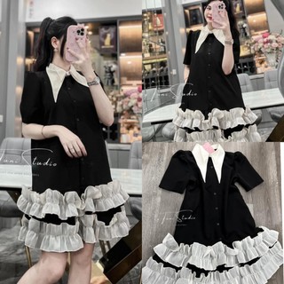 Váy đầm nữ dáng suông cổ nhọn phối chân bèo size s m - halinh shop - váy sơ mi cổ nhọn cúc sọc phối trắng chân bèo tầng