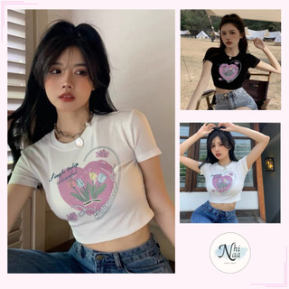 Áo croptop cổ tròn tay ngắn NhiNaa Store kiểu hình trái tim Single Tulip A5828