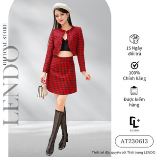 Sét Bộ Dạ Công Sở LENDO SB230745 Áo Croptop Vạt Tròn Dài Tay Chân Váy Mini Dáng A Họa Tiết Kẻ Caro