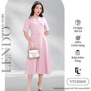 Đầm Váy Công Sở LENDO VT230610 Dáng Xòe Cổ Vest Thắt Đai Tay Ngắn