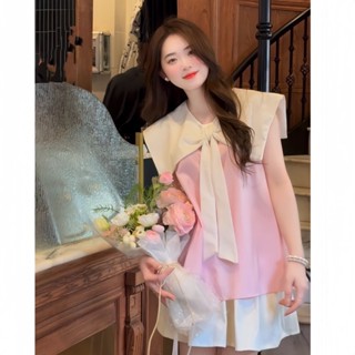 Sét bộ áo chất lụa Hàn pha cổ trắng nơ bản to kèm chân váy trắng tiểu thư Dilyshop