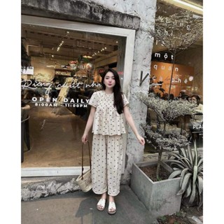  Set đồ nữ tay cộc cổ tròn họa tiết nơ phối quần dài cạp chun Set bộ đồ ngắn tay dáng babydoll kèm quần suông đơn giản 